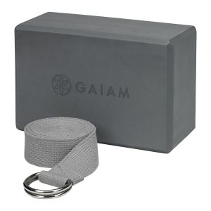 Gaiam Yoga Block & Strap Grey – Kit med yogablock & yogarem